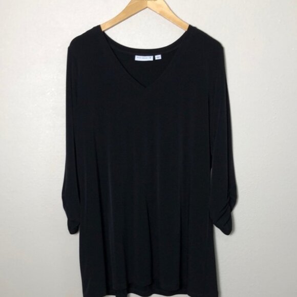 SUSAN GRAVER Liquid Knit Large Black Long Ruched Sleeve Tunic Top Minimalist - Picture 1 of 8